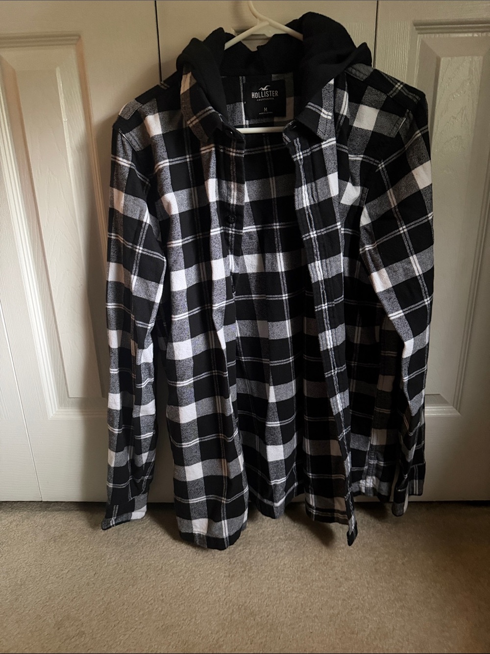 Hollister Black and White Plaid Button-Down Shirt with Hood